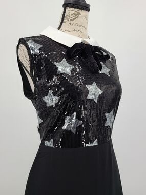 Modcloth Sequin Star A Line Dress with White Collar and Velvet Bow Size 8